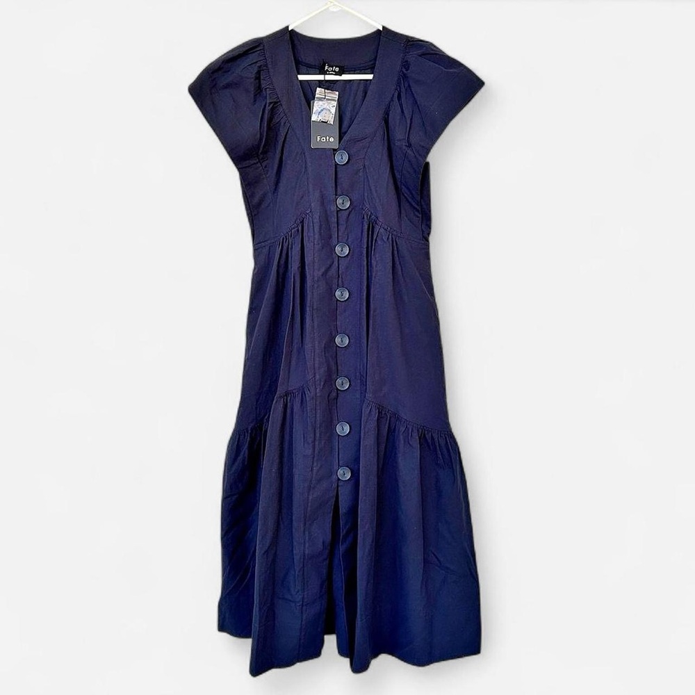 NWT 100% Cotton Dark Navy Blue Long V Neck Dress with Flutter Sleeves Size XS - Picture 2 of 8